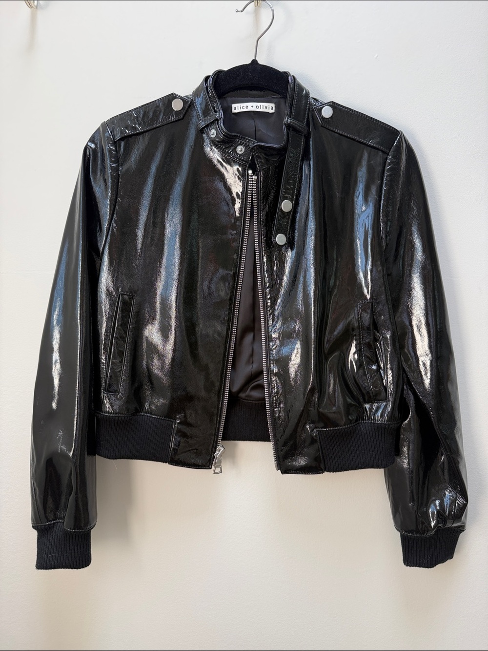 Alice + Olivia Shiny Black Patent Bomber Jacket